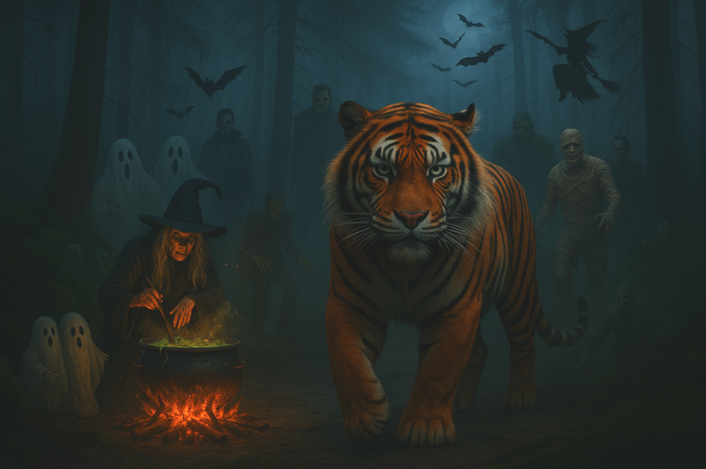 An AI generated image of a tiger walking through a spooky forest filled with ghosts, mummies, zombies and bats