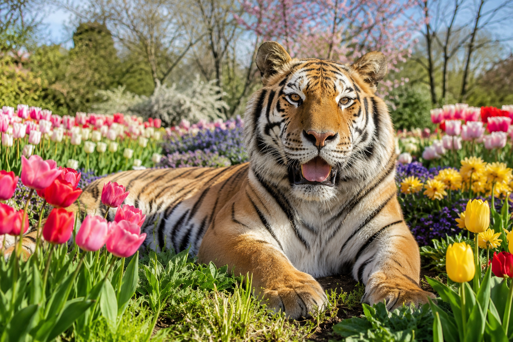 A tiger laying in a field of tulips and daisies