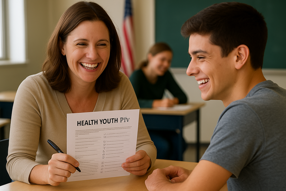 An AI generated image of an adult reading a survey to a high school aged student in a classroom