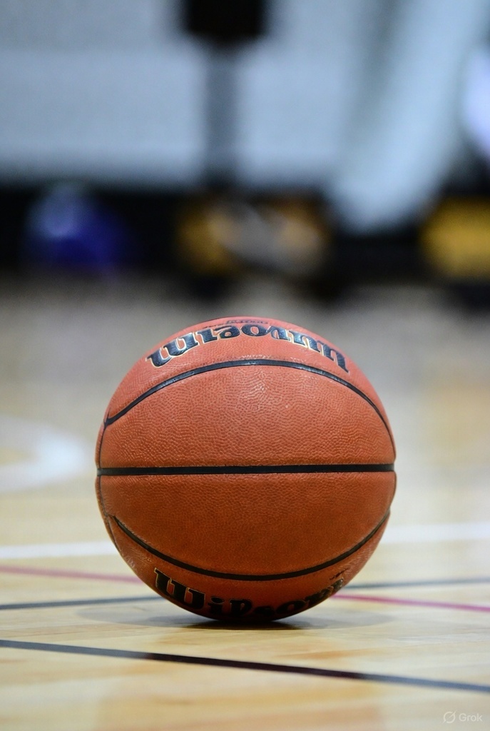 A basketball sits on a basketball court.
