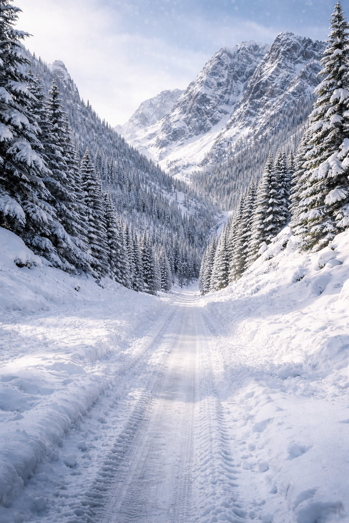 a snowy mountain pass on a sunny day