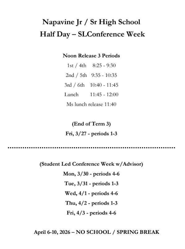 The Bell Schedule for the Jr/Sr High for the week of Spring Student Conferences