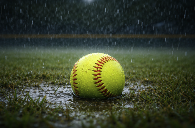 a softball sits in a mud puddle during a rainstorm