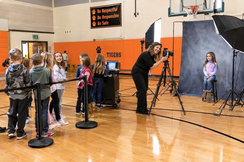 an image of a photographer taking individuals photos for picture day in a gymnasium