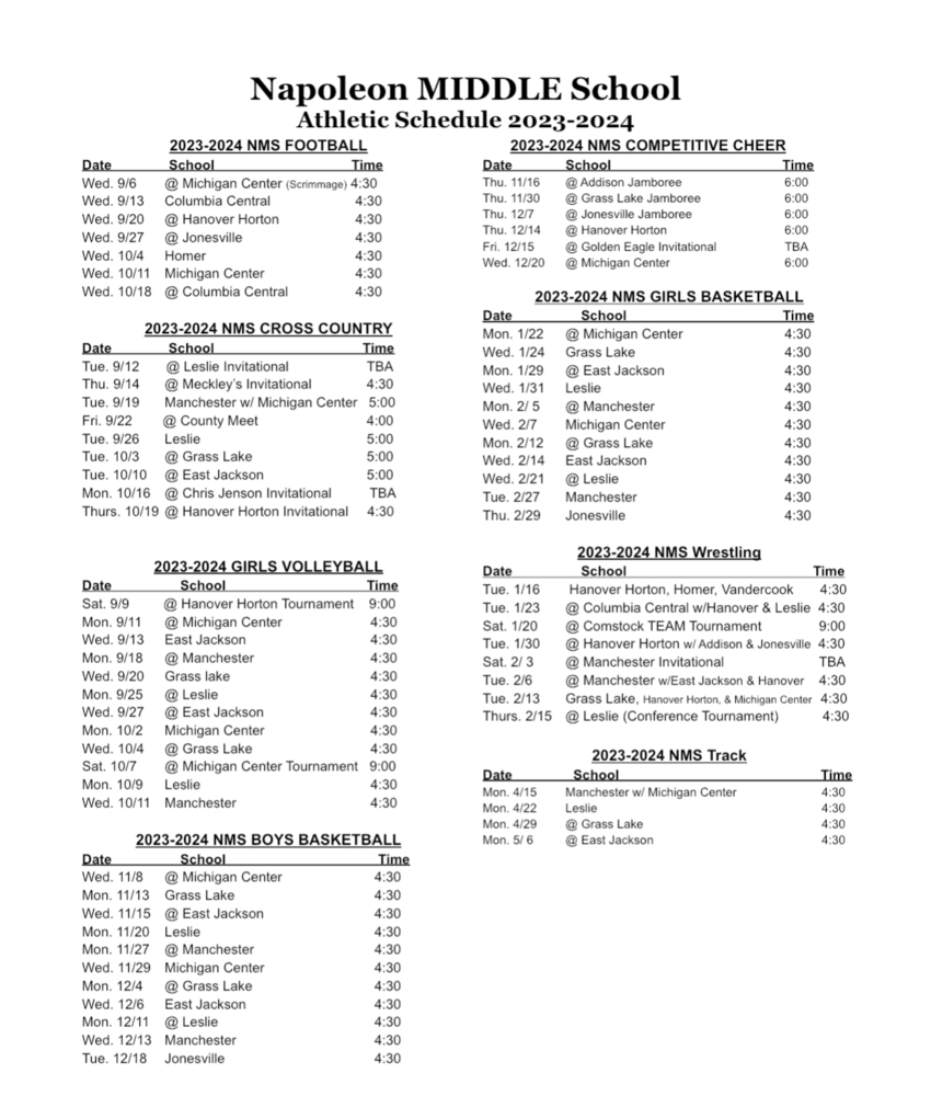 Updated Middle School Football Schedule Napoleon Athletics