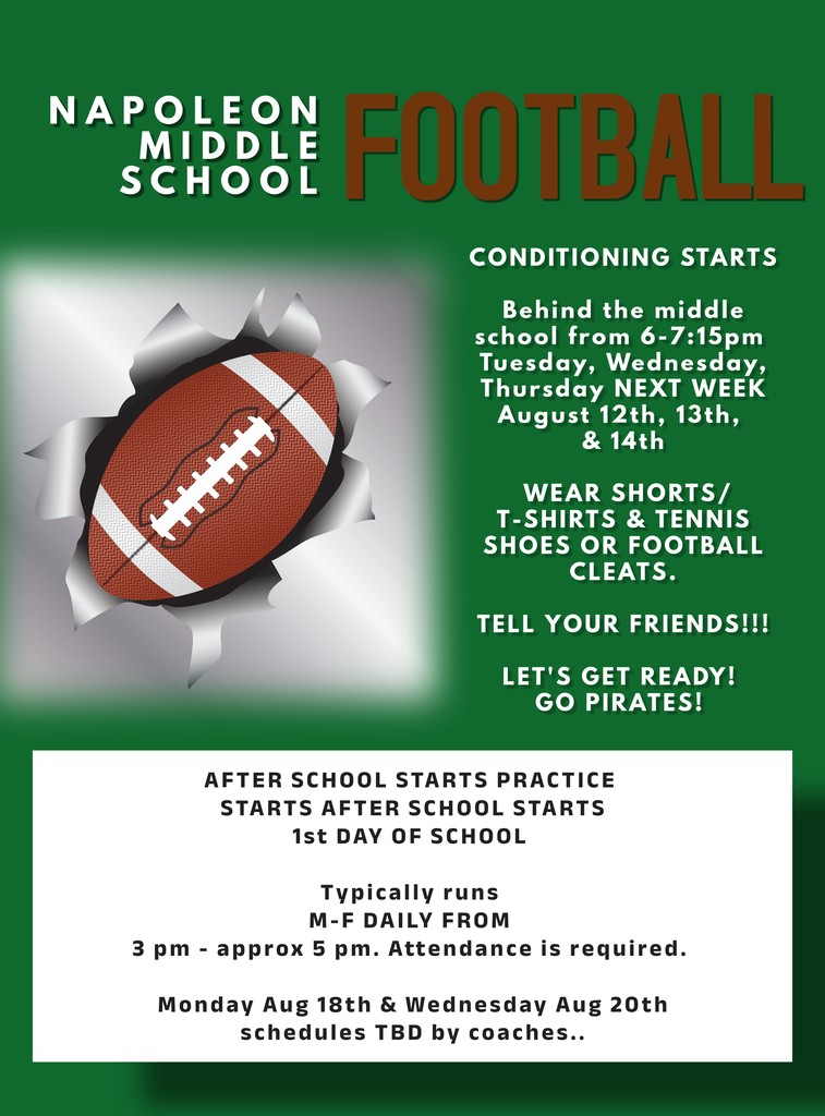 MS Football Conditioning starts Aug 12th behind MS from 6-7:30