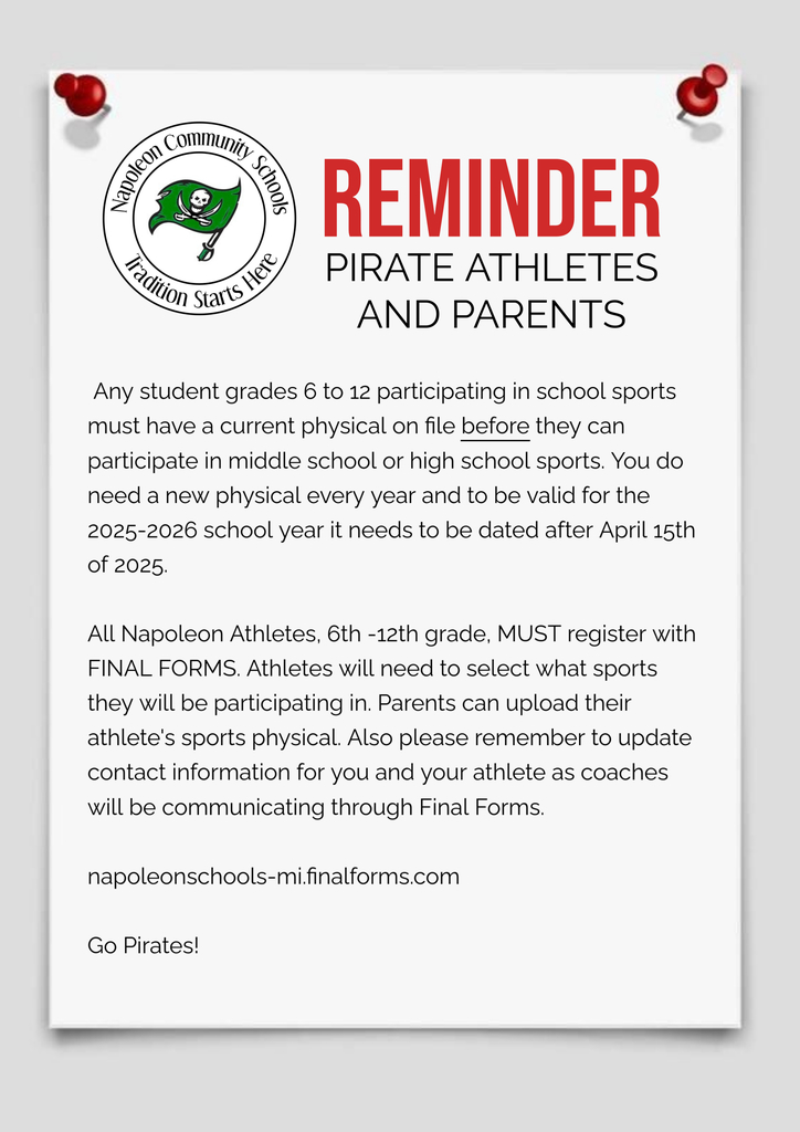 Physical Reminders grades 6 -12 athletes