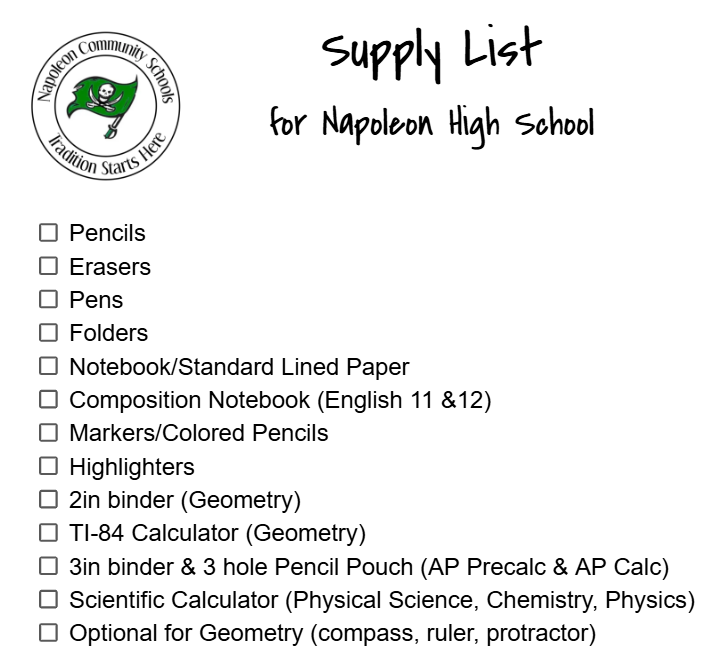 High School Supply List