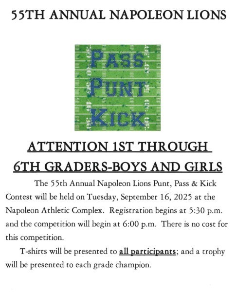 55th Annual Napoleon Lions Pass Punt Kick flyer for first through 6th grade flyer