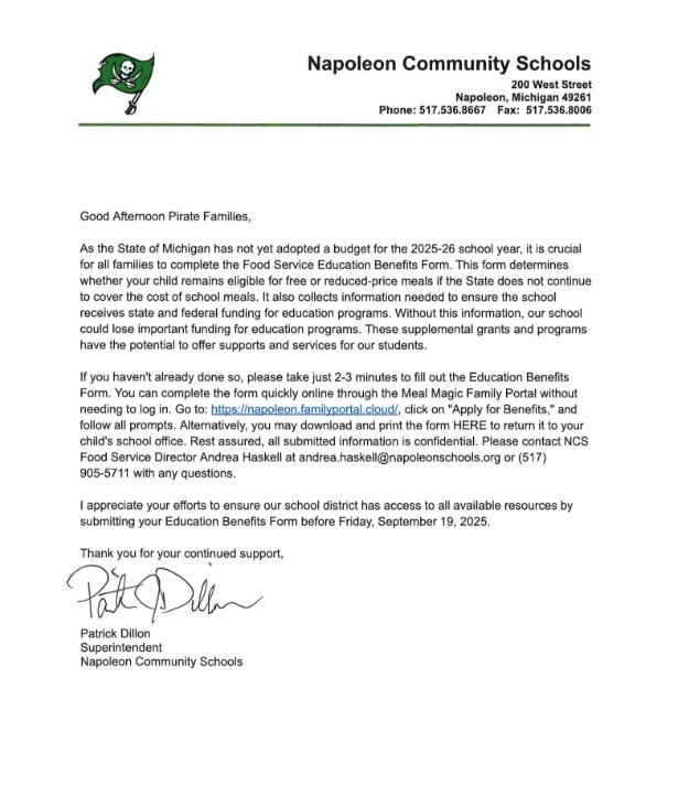 Education Benefit Form letter please complete by 9.19.25