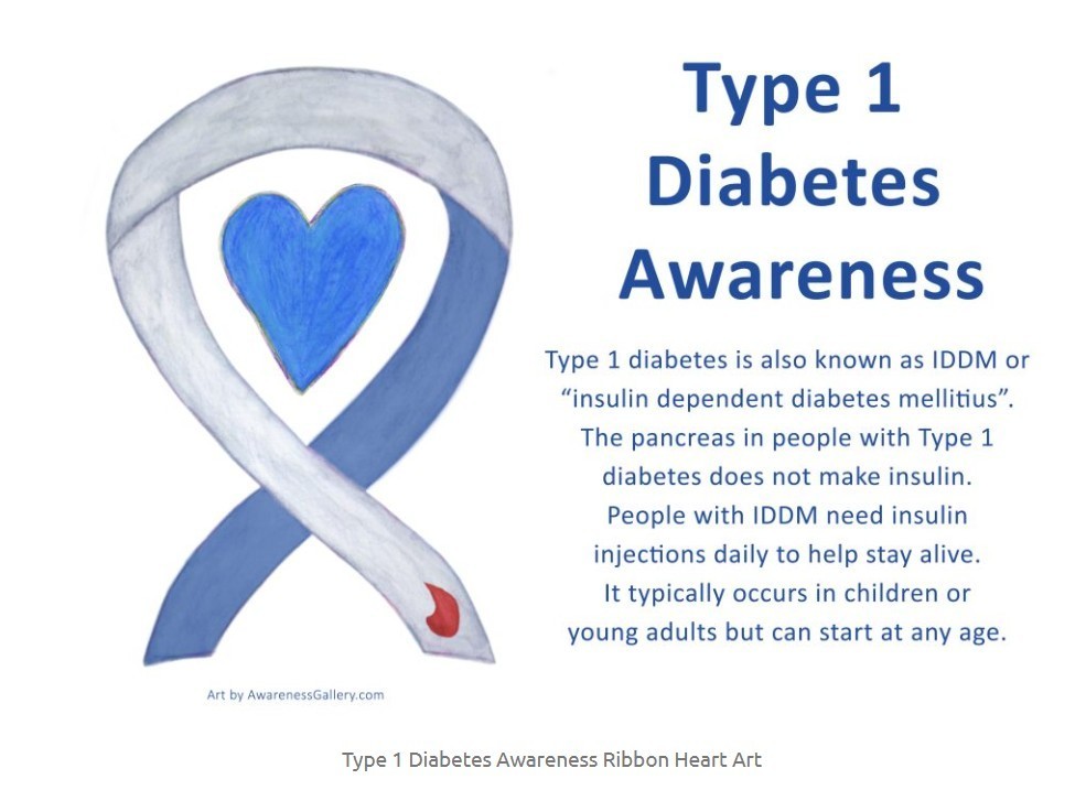 gray ribbon with a blue heart to support Type 1 diabetes awareness