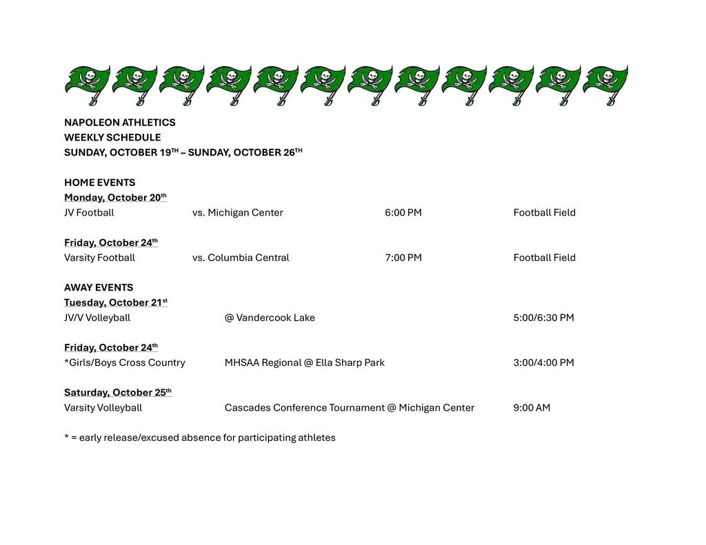 Napoleon Weekly Athletic Schedule
