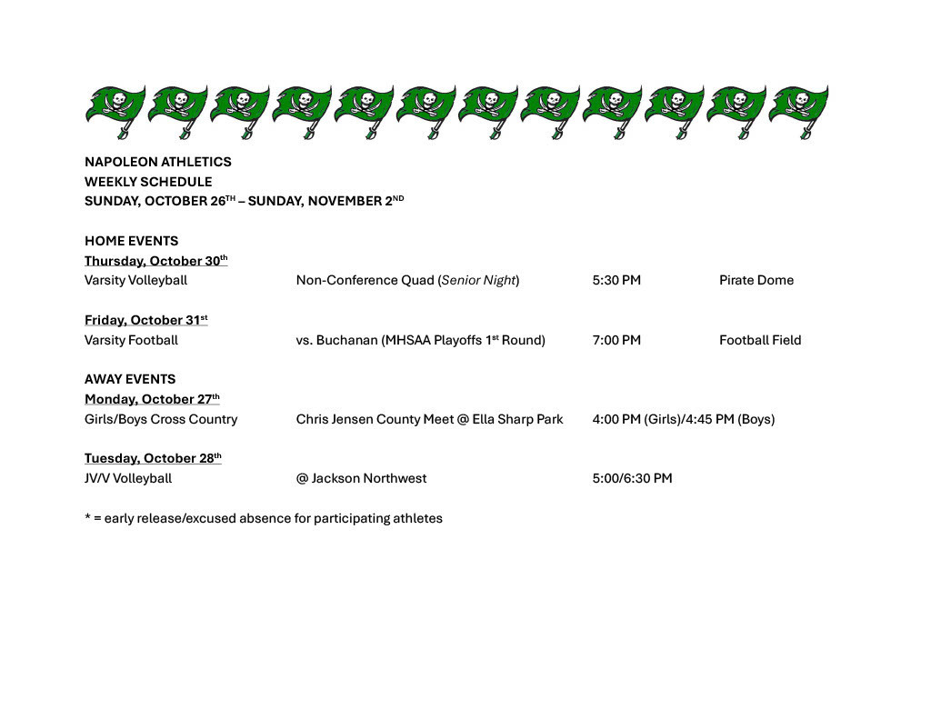 Napoleon Weekly Athletic Schedule