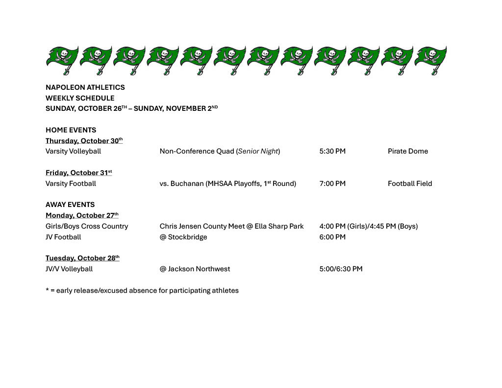 Napoleon Weekly Athletic Schedule