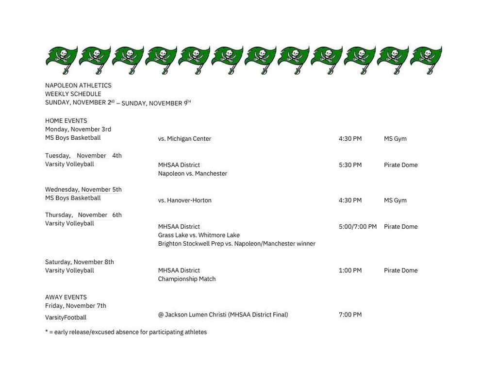 Napoleon Weekly Athletic Schedule