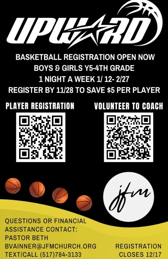 upward basketball sign up with qr codes and jfm logo