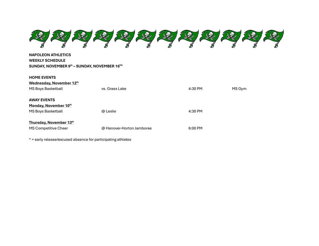 Napoleon Weekly Athletic Schedule