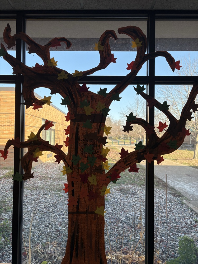 gratitude tree displayed on window of elementary school 