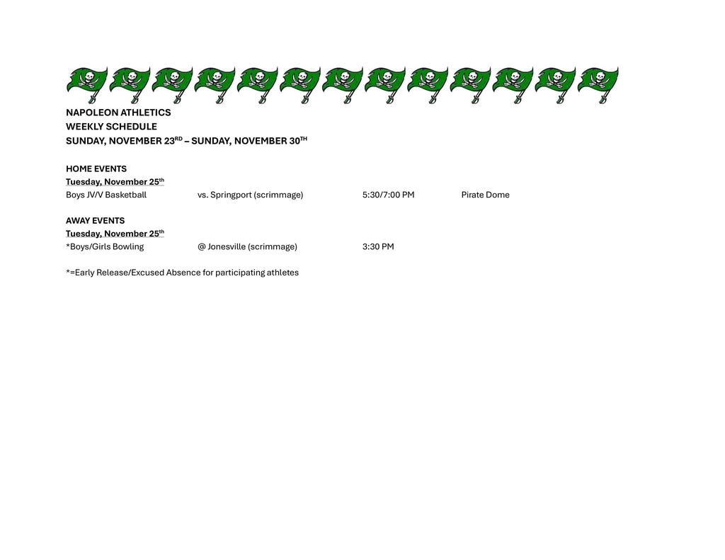 Napoleon Weekly Athletic Schedule