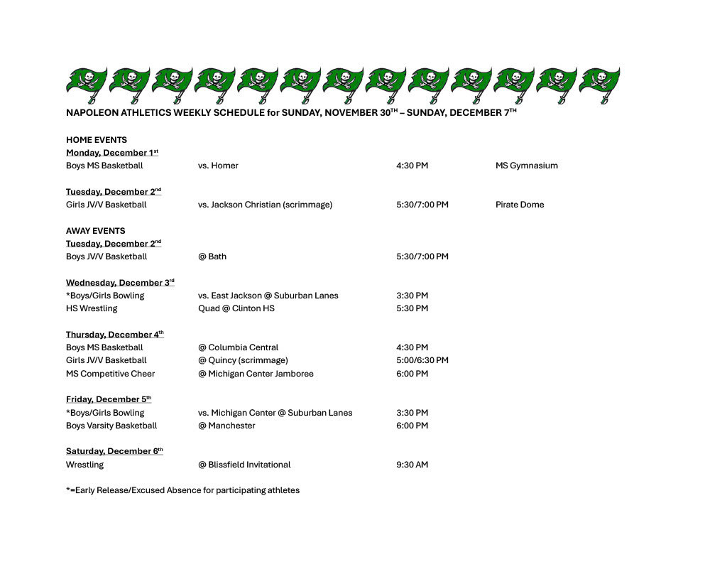 Napoleon Weekly Athletic Schedule