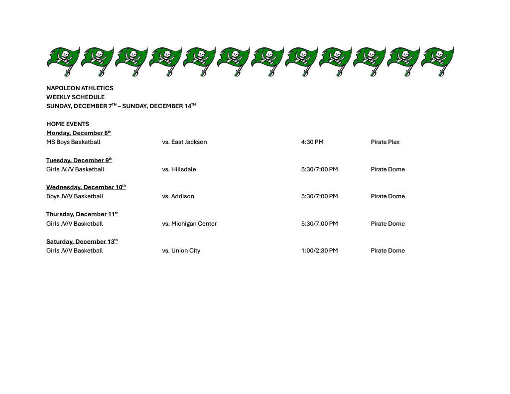 Napoleon Weekly Athletic Schedule