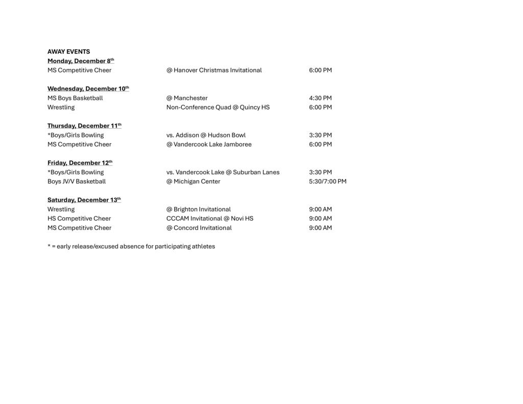 Napoleon Weekly Athletic Schedule