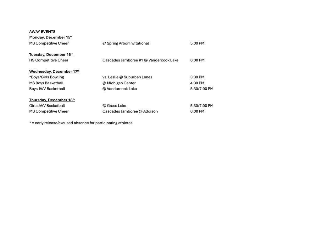 Napoleon Weekly Athletic Schedule