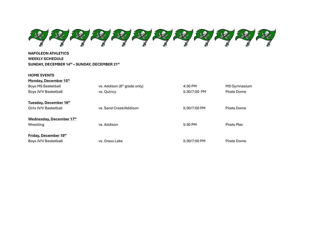 Napoleon Weekly Athletic Schedule