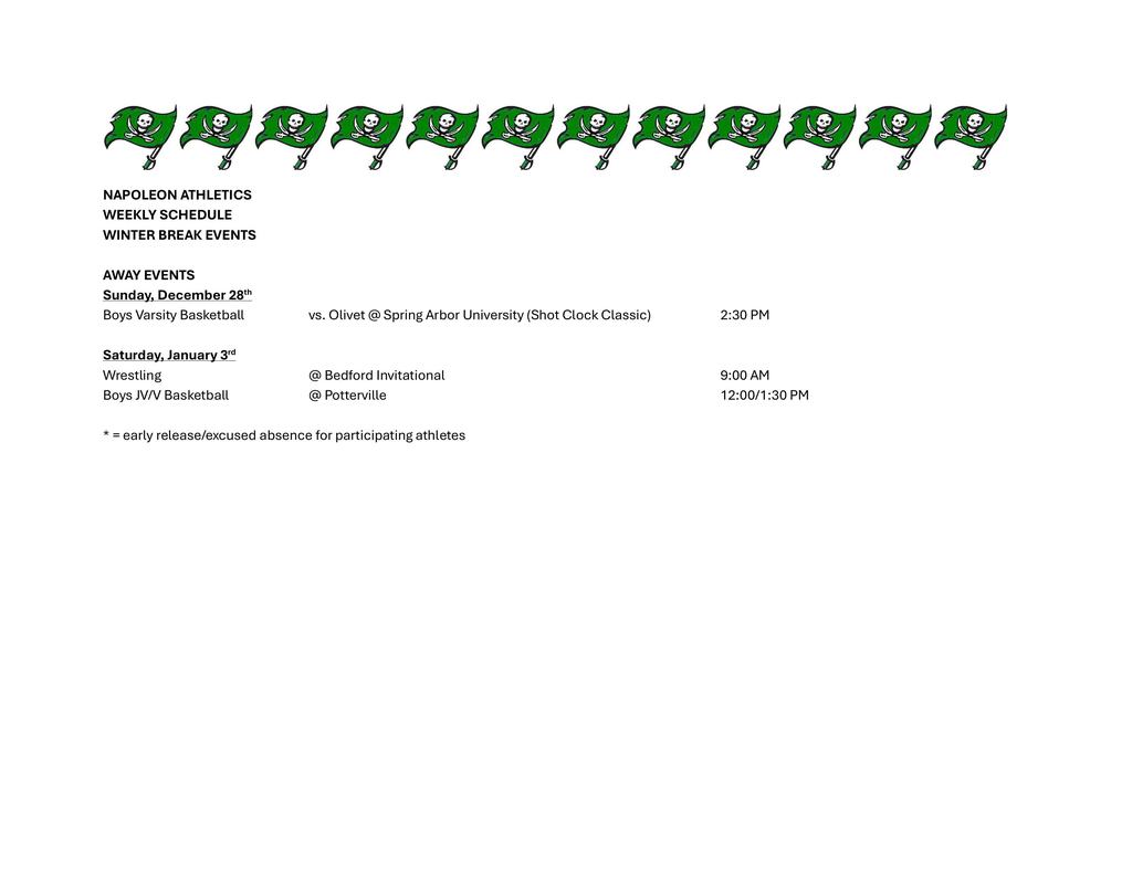 Napoleon Weekly Athletic Schedule