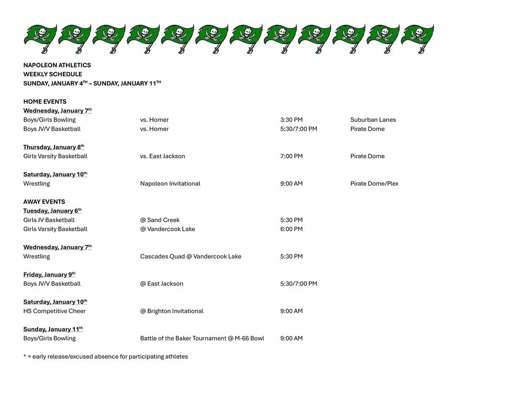 Napoleon Weekly Athletic Schedule