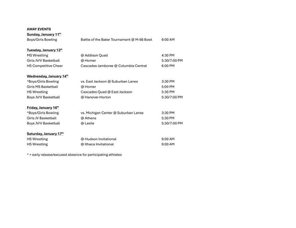 Napoleon Weekly Athletic Schedule