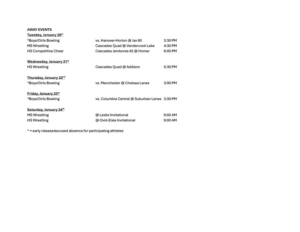 Weekly Athletic Schedule