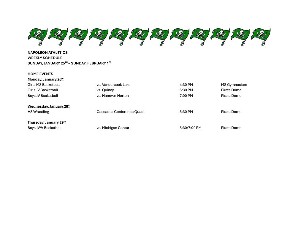 Weekly Athletic Schedule