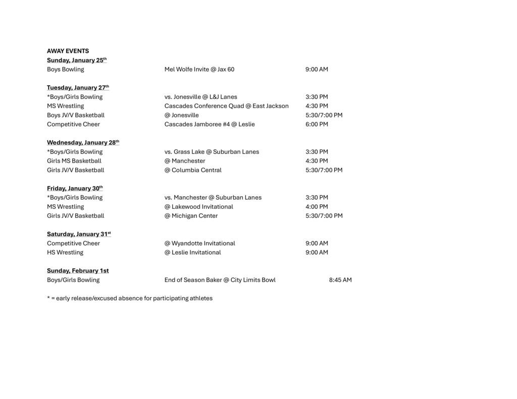 Weekly Athletic Schedule