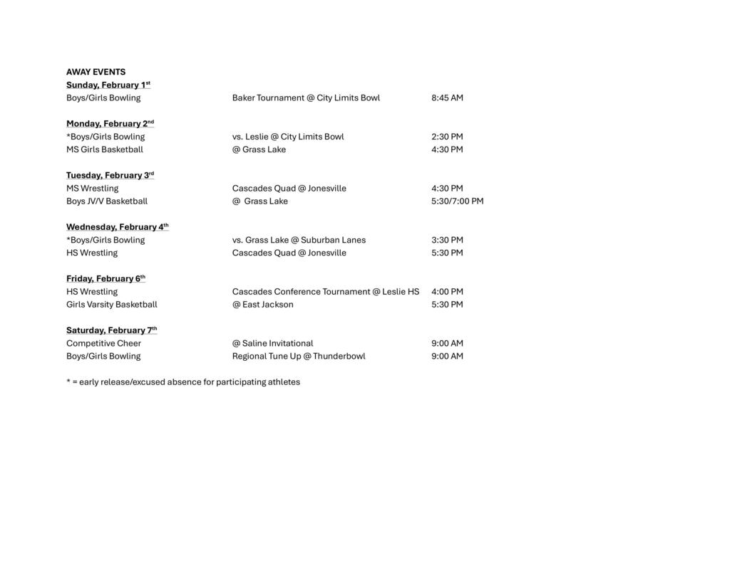 Weekly Athletic Schedule