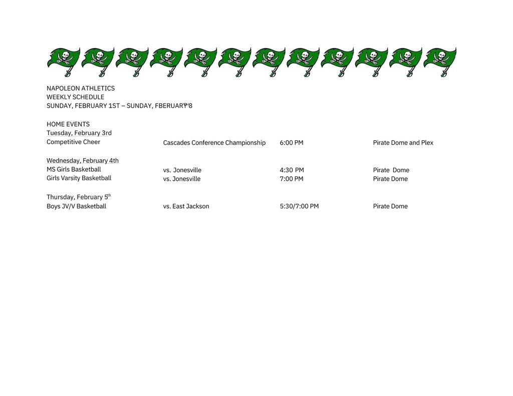Napoleon Weekly Athletic Schedule
