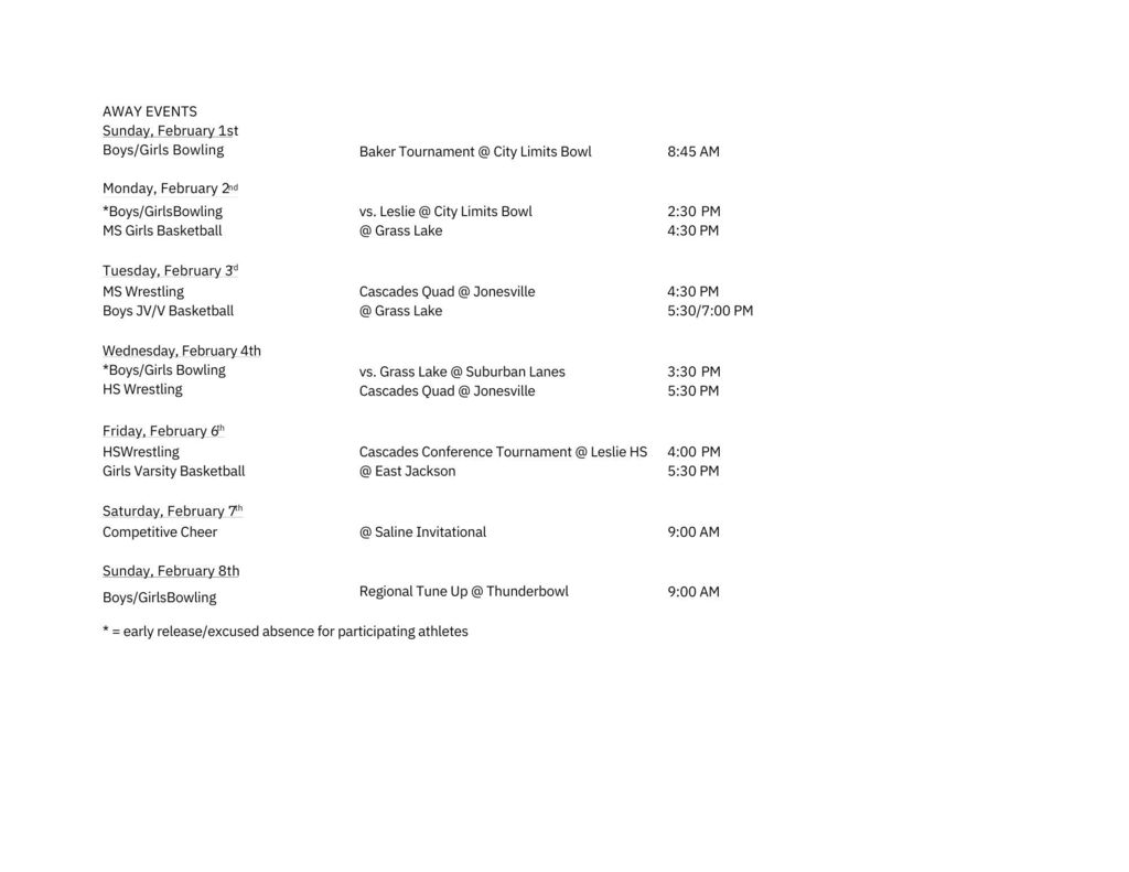 Napoleon Weekly Athletic Schedule