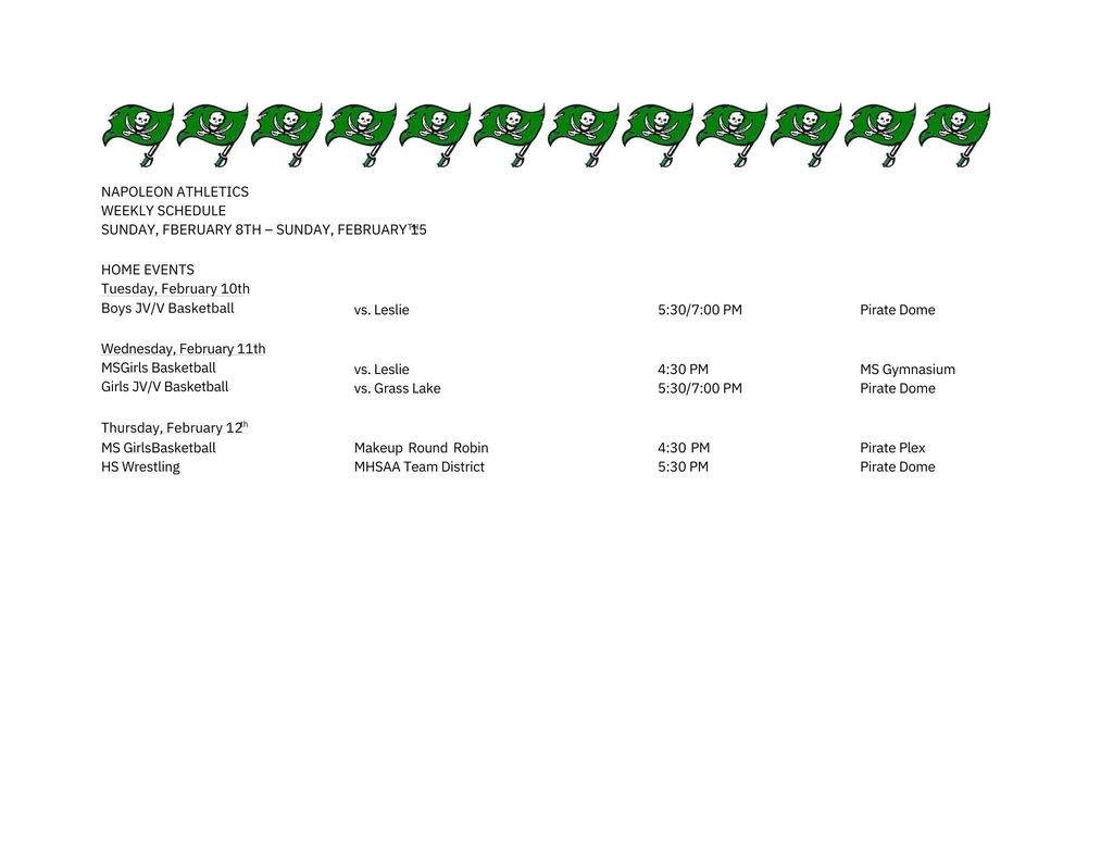 Weekly Athletic Schedule