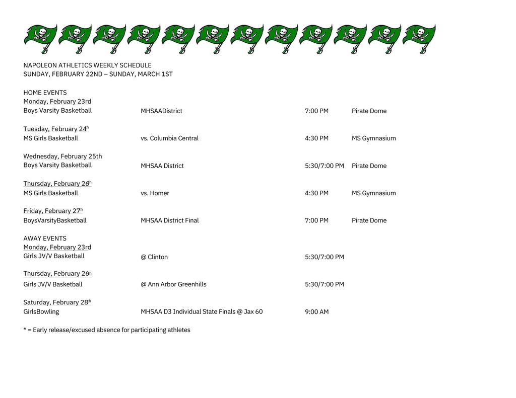 Weekly Athletic Schedule