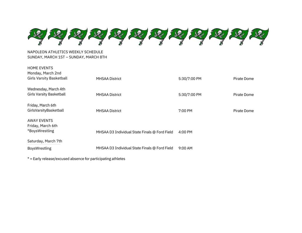 Weekly Athletic Schedule
