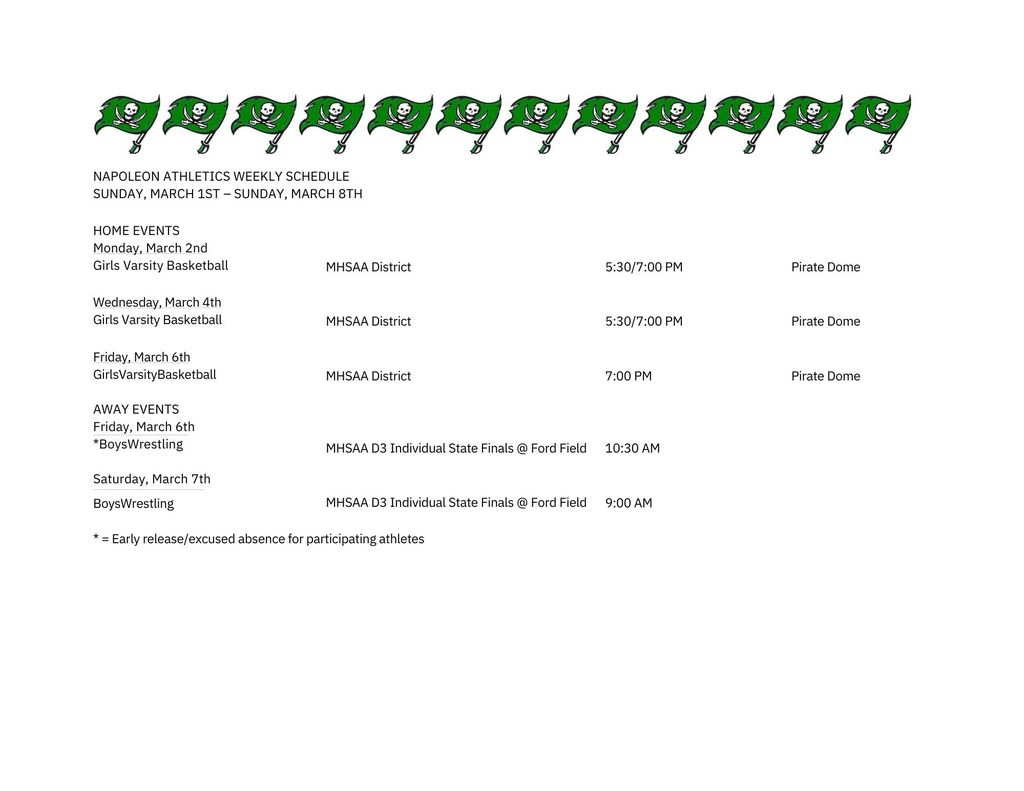 Weekly Athletic Schedule