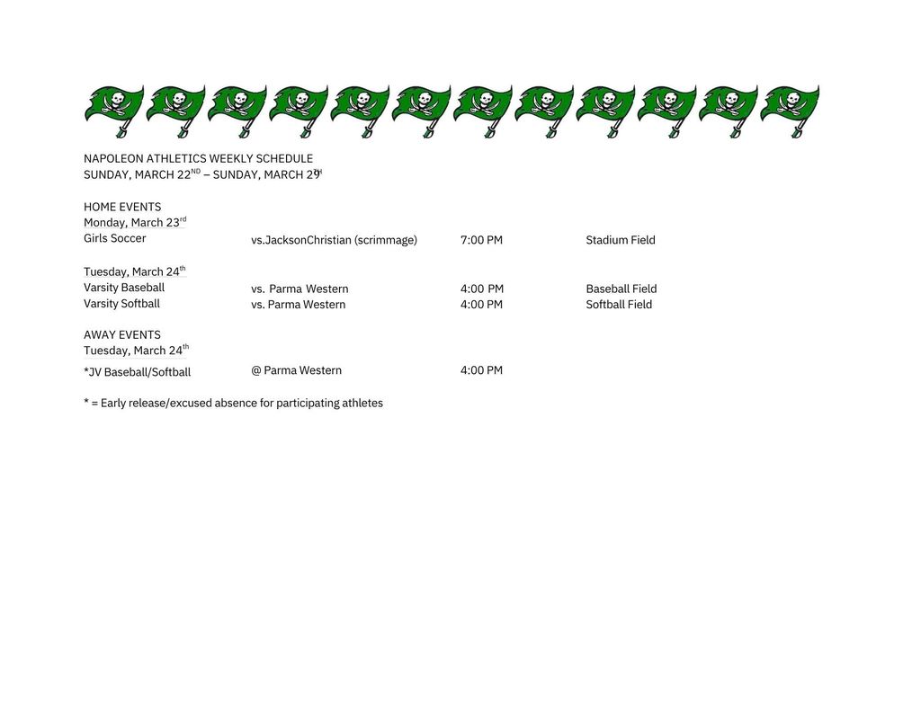 Weekly Athletic Schedule