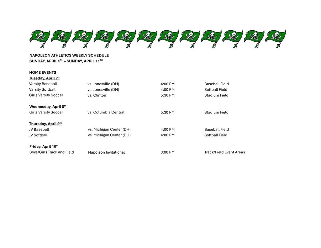 Napoleon Athletic Schedule