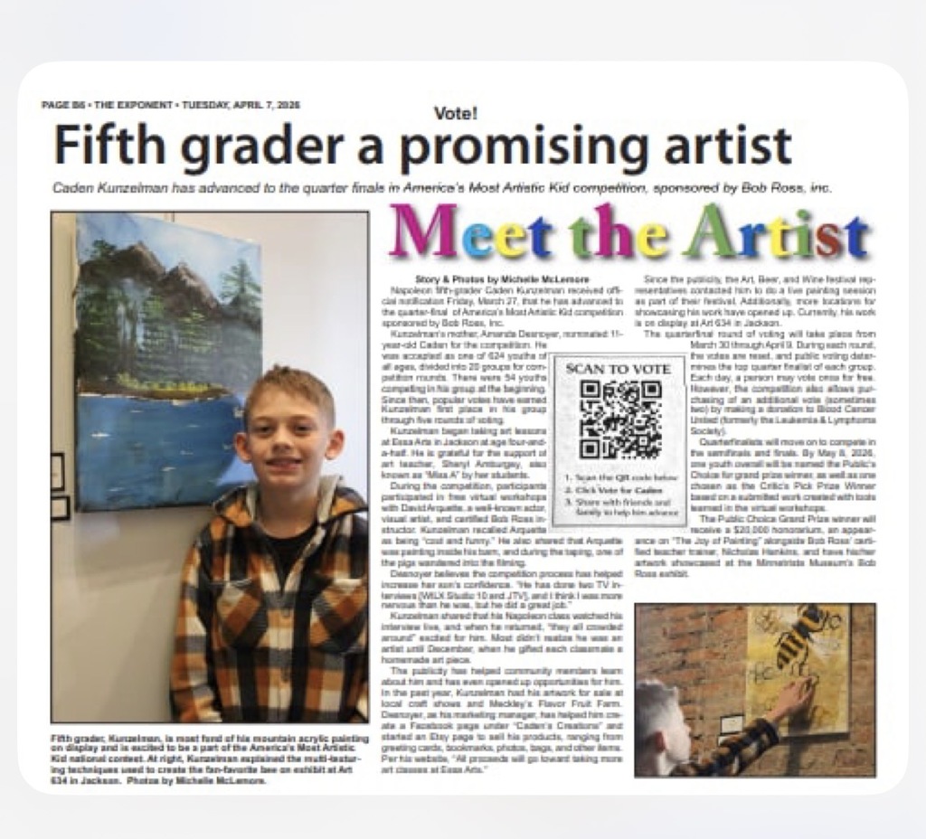 News article about 5th grade artist with picture and story.