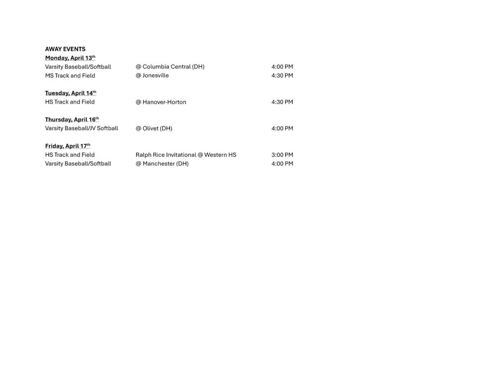 Weekly Athletic Schedule