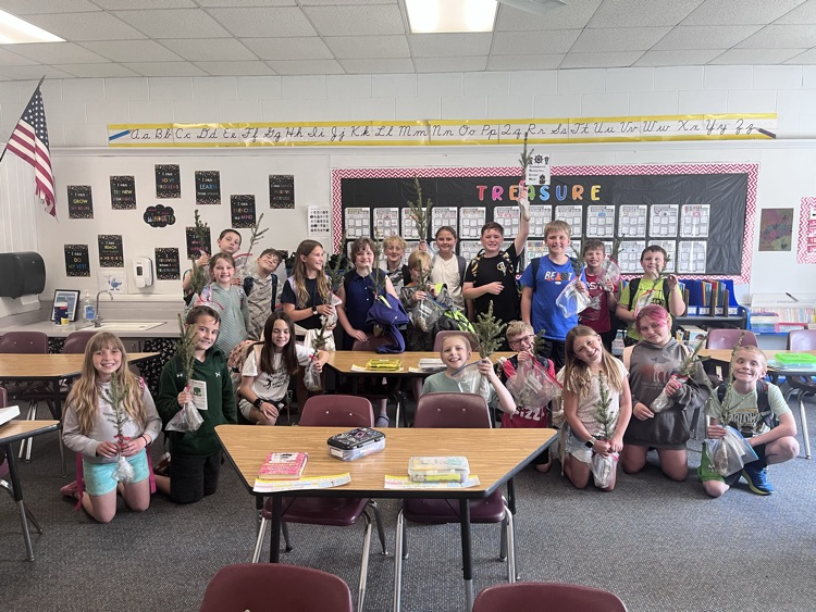students holding trees