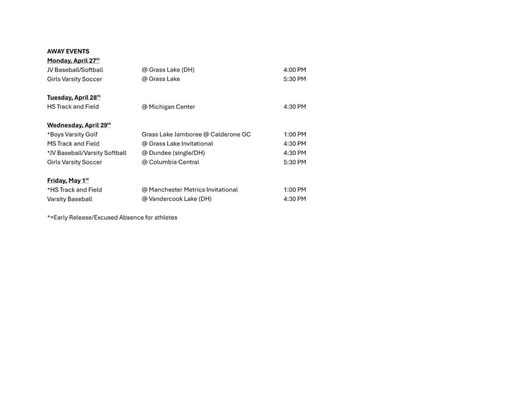 Weekly Athletic Schedule