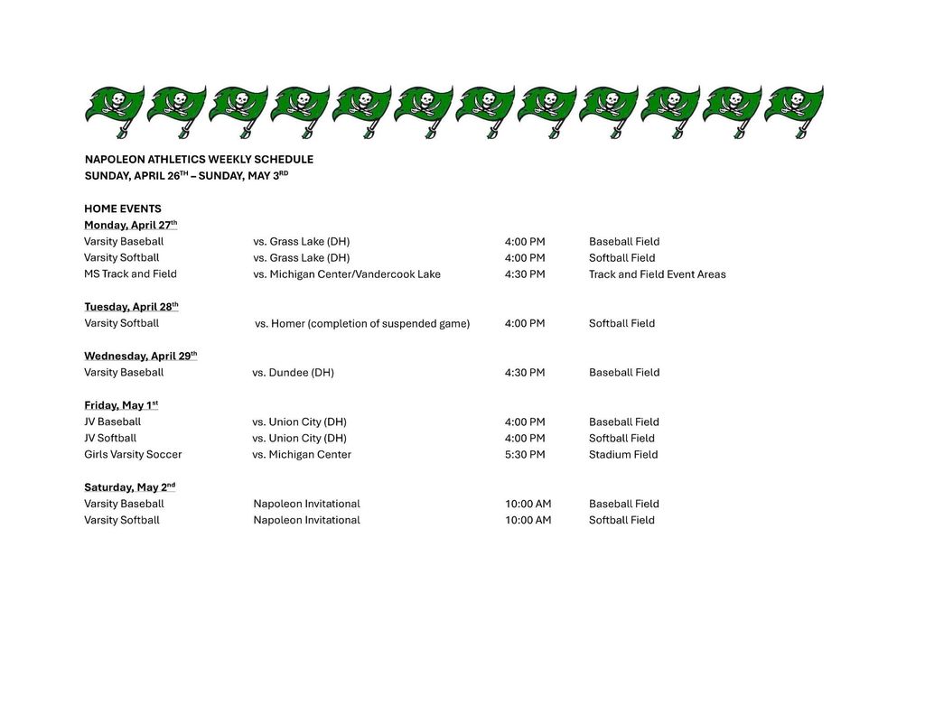 Weekly Athletic Schedule