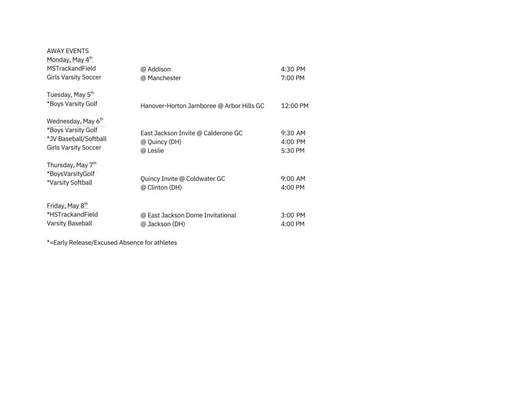 Weekly Athletic Schedule