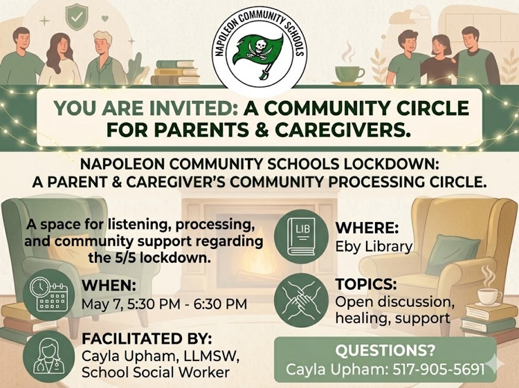 Napoleon Community Schools flyer for parent community circle support May 7, 2026